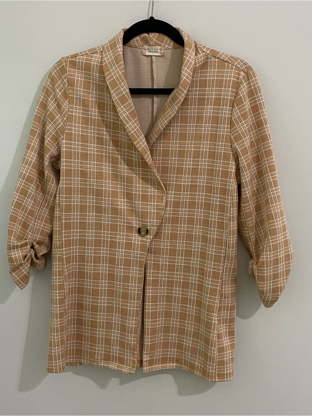 Altar'd State Tan & Cream Plaid Ruched 3/4 Sleeve Blazer Jacket Size Large